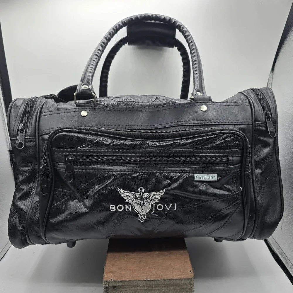 Bon Jovi Black Leather Duffel Bag‎ Carry-On Travel Overnight Heart & Dagger Logo